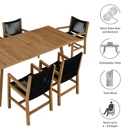 Vienna 7-Piece Outdoor Patio Teak and Rope Dining Set with Armchairs in Natural Black
