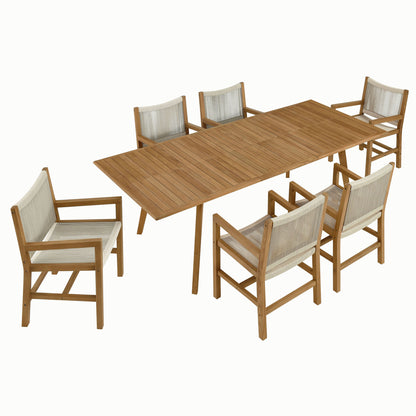 Vienna 7-Piece Outdoor Patio Teak and Rope Dining Set with Armchairs by Furniture For America