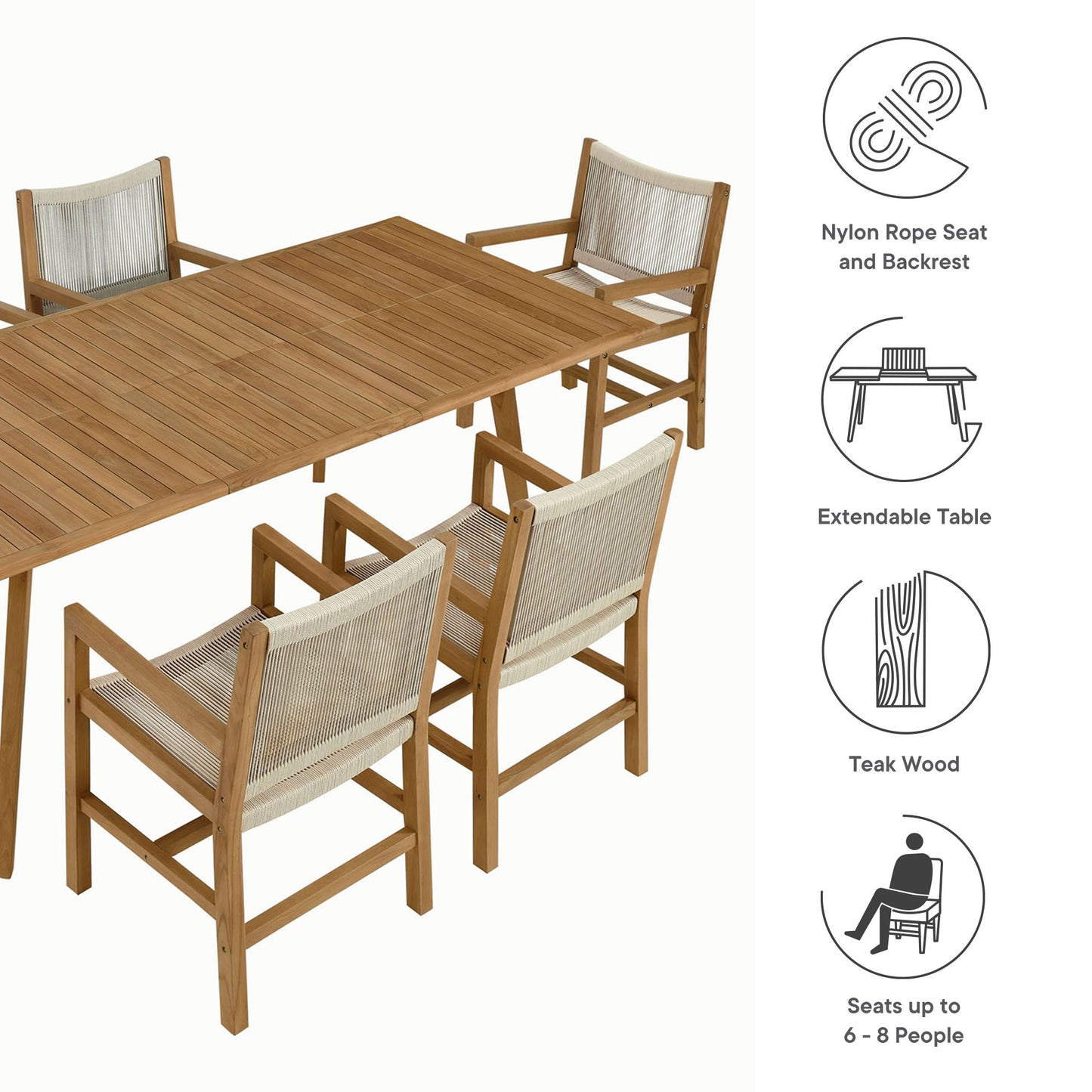 Vienna 7-Piece Outdoor Patio Teak and Rope Dining Set with Armchairs by Furniture For America