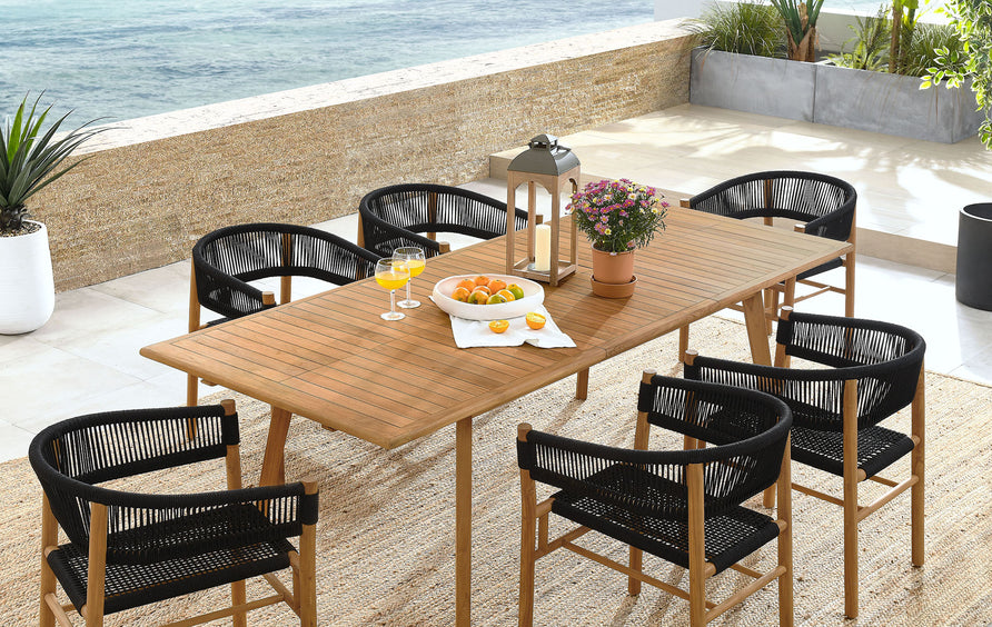 Nova 7-Piece Outdoor Patio Teak and Rope Dining Set with Curved-Back Armchairs in Natural Black