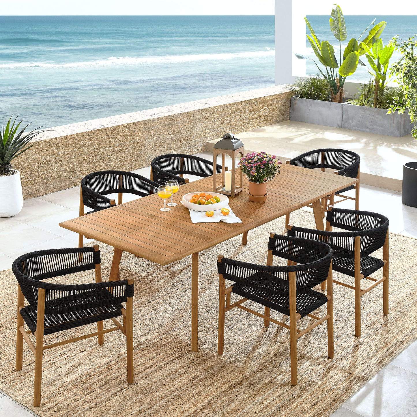 Vienna 7-Piece Outdoor Patio Teak and Rope Dining Set with Curved-Back Armchairs by Furniture For America