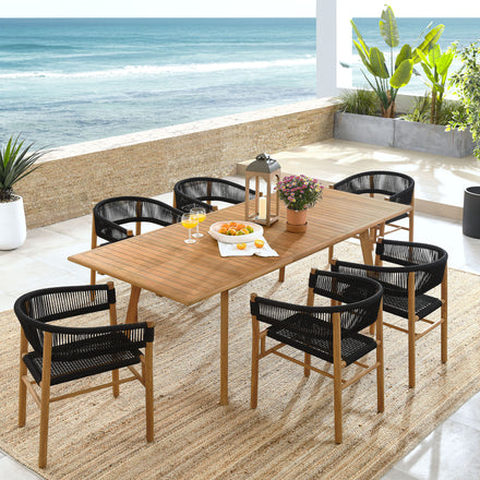 Vienna 7-Piece Outdoor Patio Teak and Rope Dining Set with Curved-Back Armchairs in Natural Black