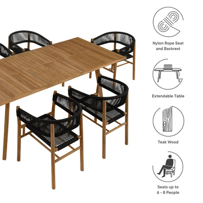 Vienna 7-Piece Outdoor Patio Teak and Rope Dining Set with Curved-Back Armchairs by Furniture For America