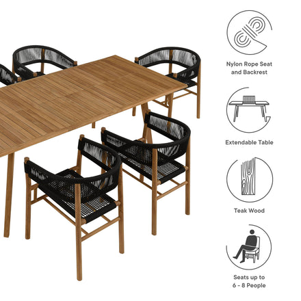 Vienna 7-Piece Outdoor Patio Teak and Rope Dining Set with Curved-Back Armchairs in Natural Black