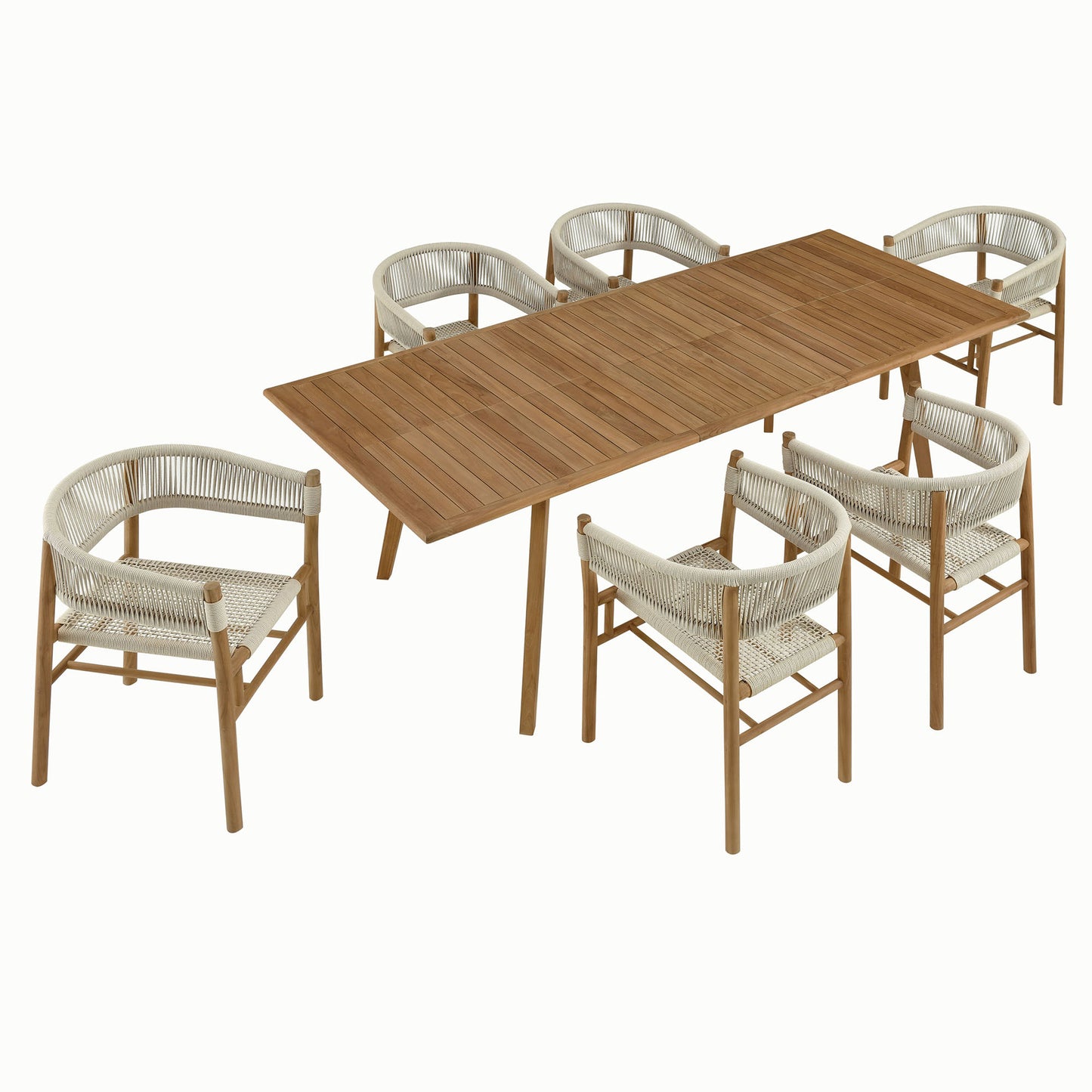 Vienna 7-Piece Outdoor Patio Teak and Rope Dining Set with Curved-Back Armchairs by Furniture For America