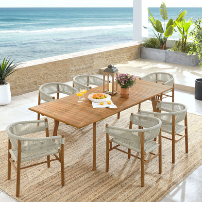 Vienna 7-Piece Outdoor Patio Teak and Rope Dining Set with Curved-Back Armchairs by Furniture For America