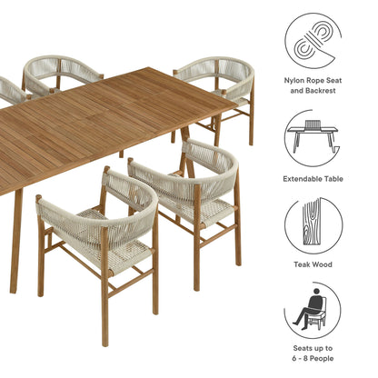 Vienna 7-Piece Outdoor Patio Teak and Rope Dining Set with Curved-Back Armchairs by Furniture For America