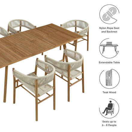 Vienna 7-Piece Outdoor Patio Teak and Rope Dining Set with Curved-Back Armchairs in Natural Natural