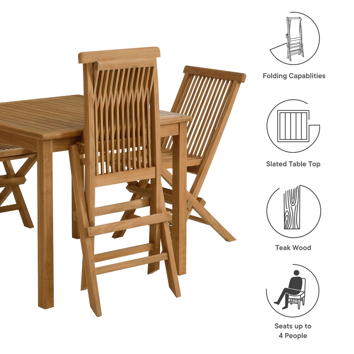 Vienna 5-Piece Outdoor Patio Teak Wood Dining Set with Folding Chairs by Furniture For America