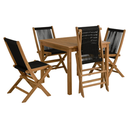 Vienna 5-Piece Outdoor Patio Teak Wood Dining Set with Rope Folding Chairs in Natural Black