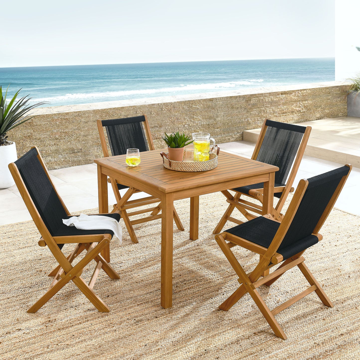 Vienna 5-Piece Outdoor Patio Teak Wood Dining Set with Rope Folding Chairs by Furniture For America