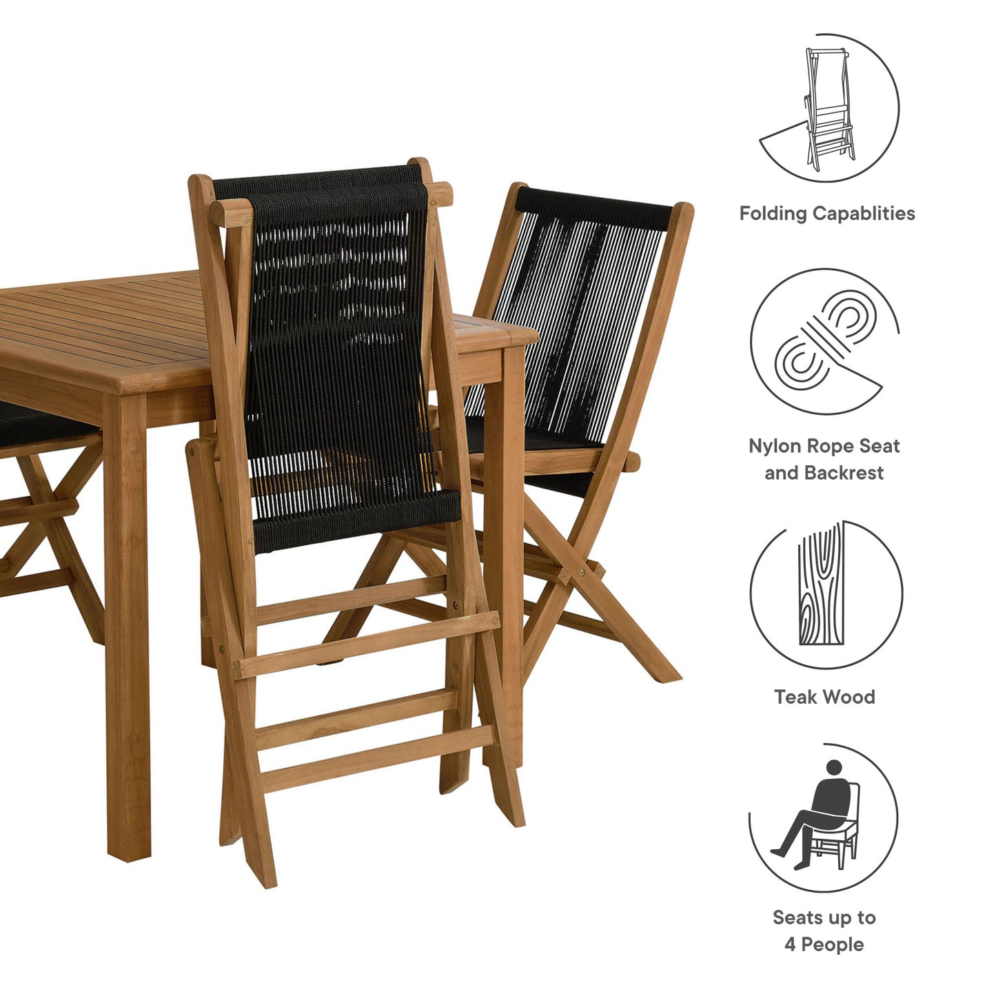 Vienna 5-Piece Outdoor Patio Teak Wood Dining Set with Rope Folding Chairs by Furniture For America