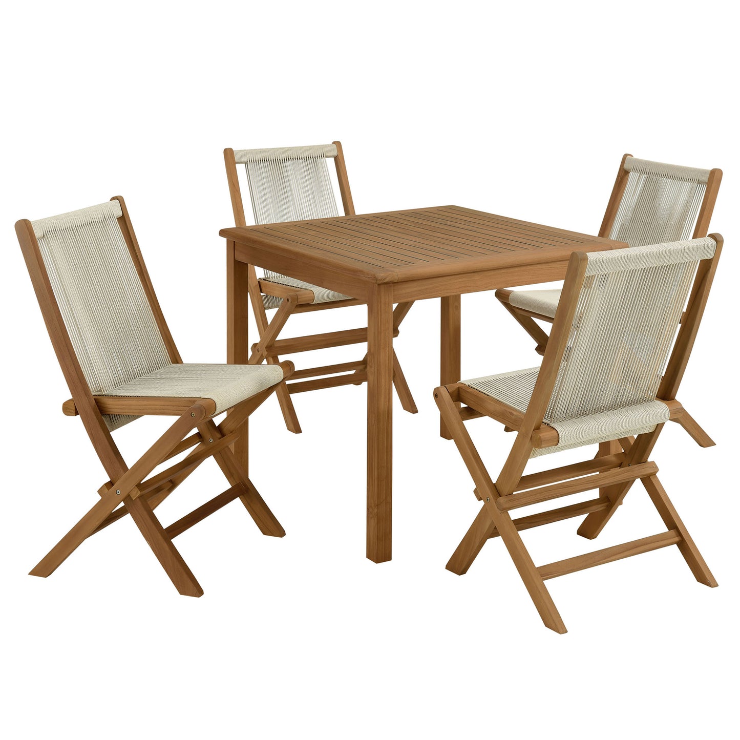 Vienna 5-Piece Outdoor Patio Teak Wood Dining Set with Rope Folding Chairs by Furniture For America