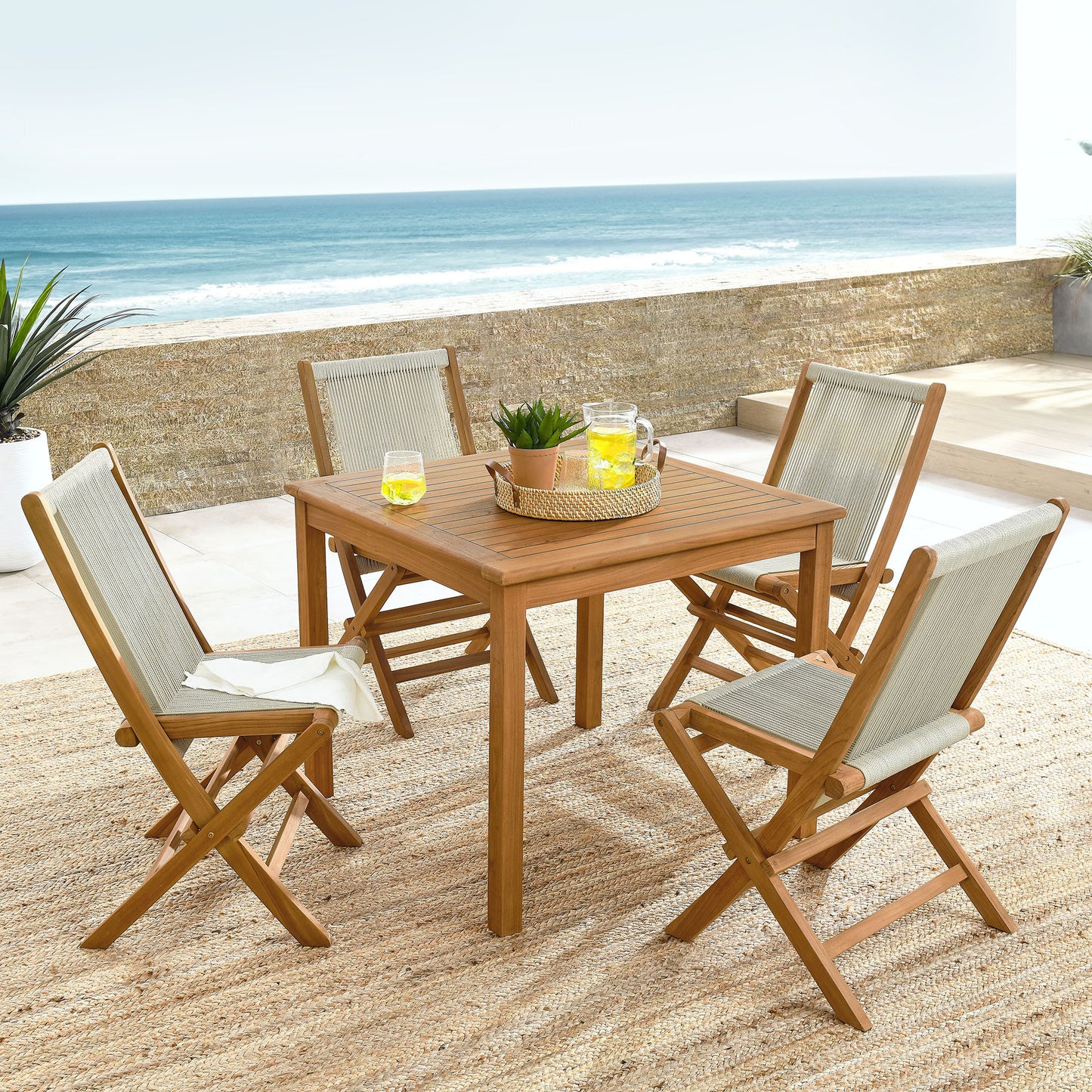 Vienna 5-Piece Outdoor Patio Teak Wood Dining Set with Rope Folding Chairs by Furniture For America