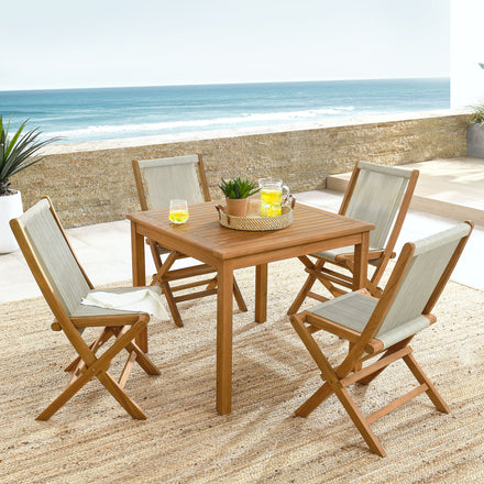 Vienna 5-Piece Outdoor Patio Teak Wood Dining Set with Rope Folding Chairs in Natural Natural