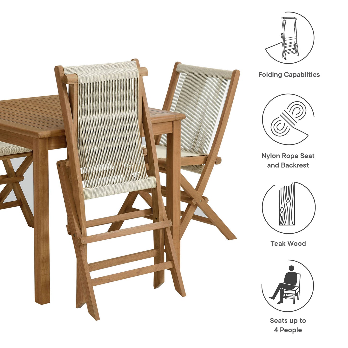 Vienna 5-Piece Outdoor Patio Teak Wood Dining Set with Rope Folding Chairs by Furniture For America