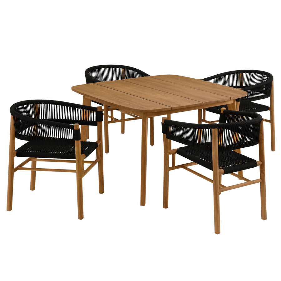 Nova 5-Piece Outdoor Patio Teak and Rope Dining Set with Curved-Back Armchairs in Natural Black