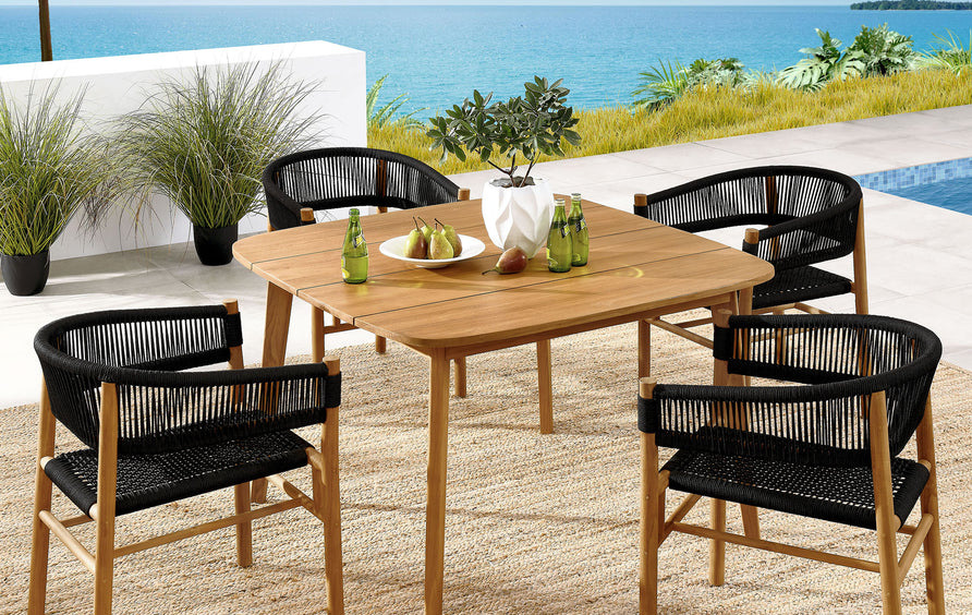 Nova 5-Piece Outdoor Patio Teak and Rope Dining Set with Curved-Back Armchairs in Natural Black