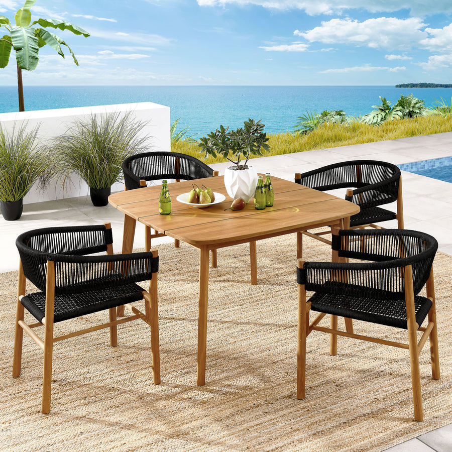 Nova 5-Piece Outdoor Patio Teak and Rope Dining Set with Curved-Back Armchairs in Natural Black