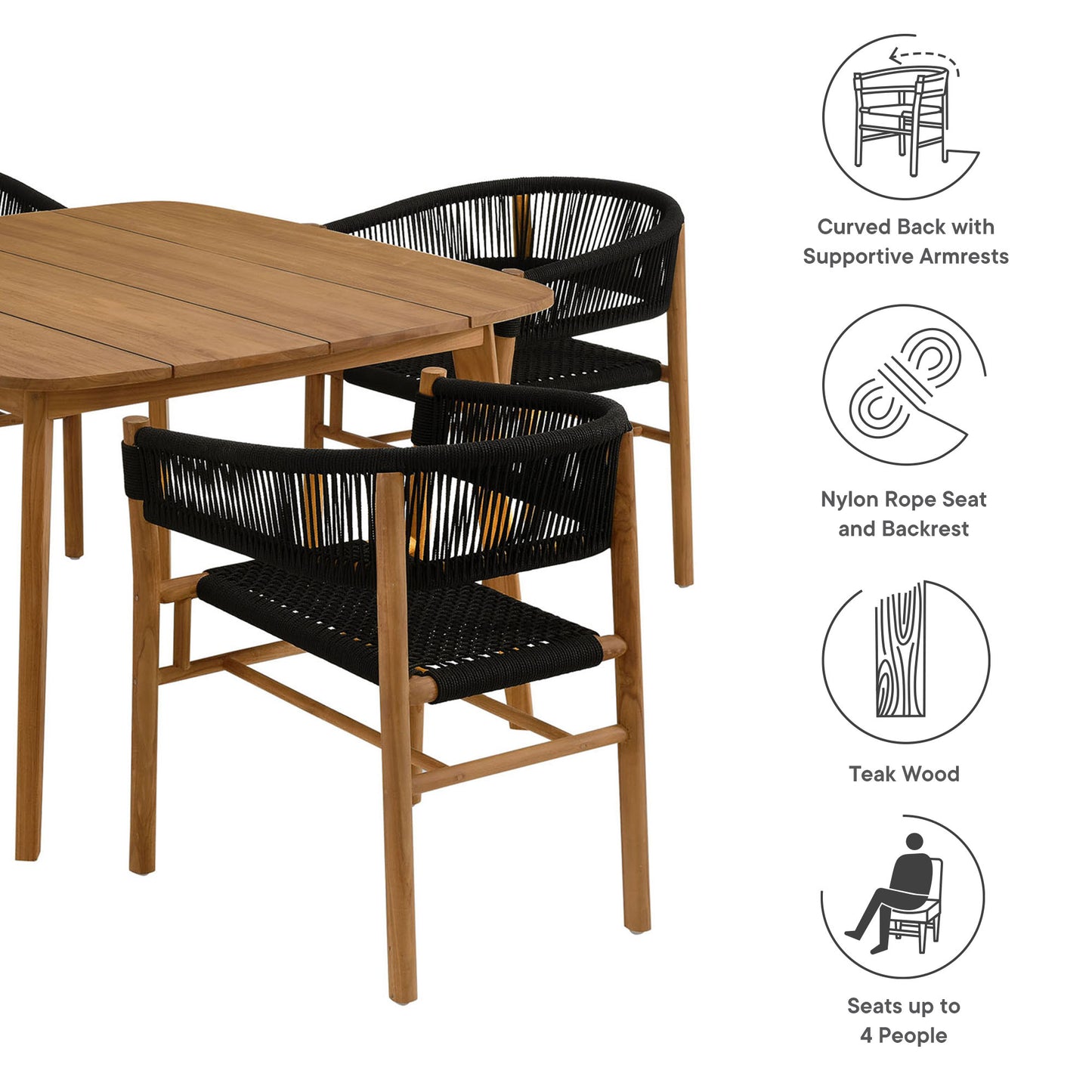 Vienna 5-Piece Outdoor Patio Teak and Rope Dining Set with Curved-Back Armchairs by Furniture For America