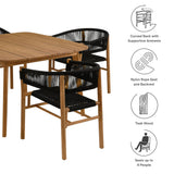 Nova 5-Piece Outdoor Patio Teak and Rope Dining Set with Curved-Back Armchairs in Natural Black