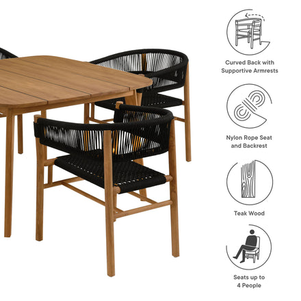 Vienna 5-Piece Outdoor Patio Teak and Rope Dining Set with Curved-Back Armchairs in Natural Black