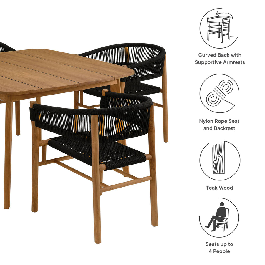 Nova 5-Piece Outdoor Patio Teak and Rope Dining Set with Curved-Back Armchairs in Natural Black