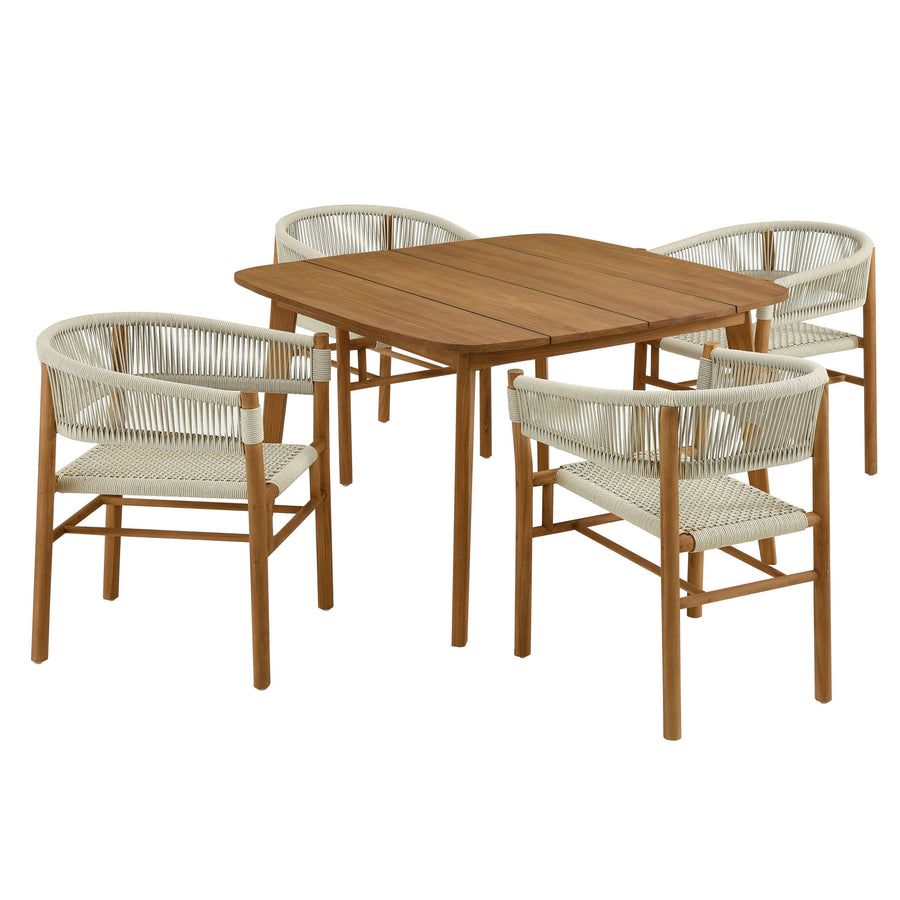 Nova 5-Piece Outdoor Patio Teak and Rope Dining Set with Curved-Back Armchairs in Natural Natural