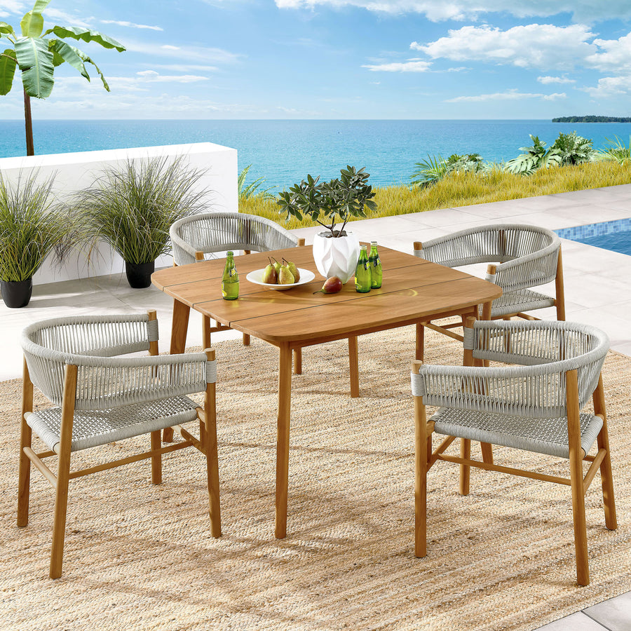 Nova 5-Piece Outdoor Patio Teak and Rope Dining Set with Curved-Back Armchairs in Natural Natural