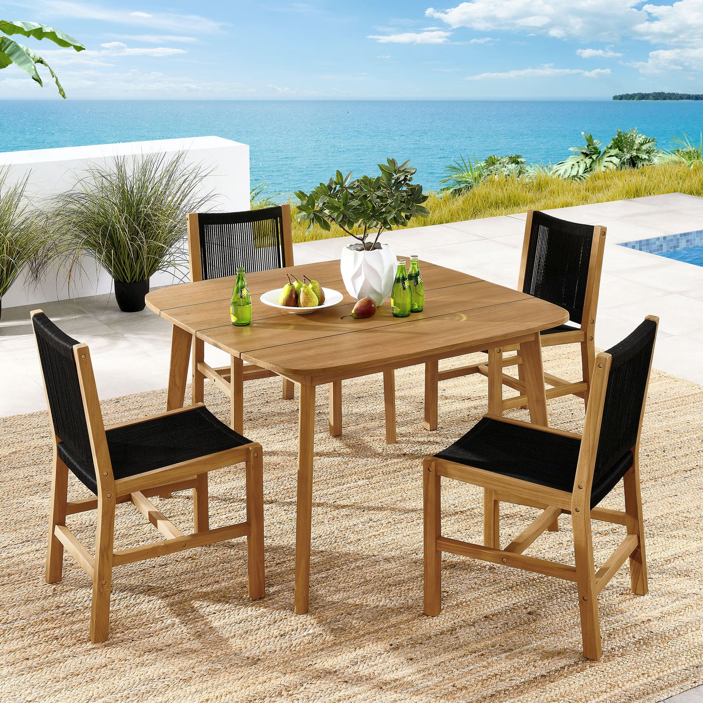 Vienna 5-Piece Outdoor Patio Teak and Rope Dining Set with Armless Chairs by Furniture For America