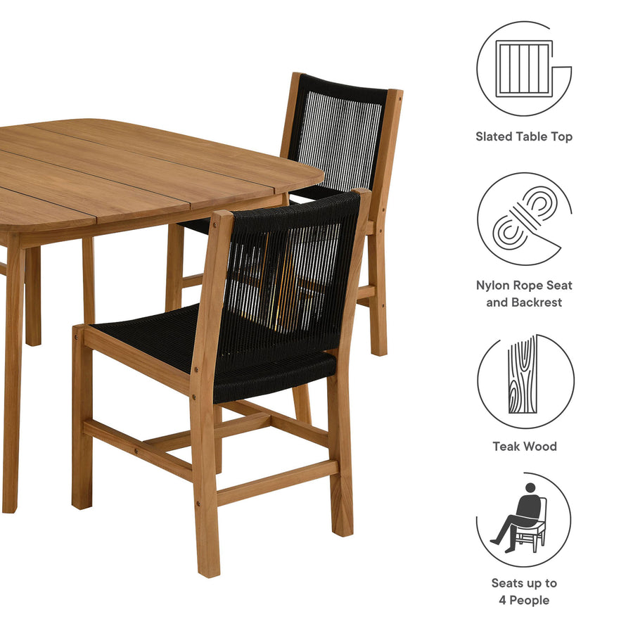 Nova 5-Piece Outdoor Patio Teak and Rope Dining Set with Armless Chairs in Natural Black