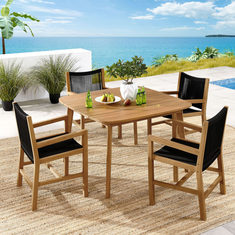 Nova 5-Piece Outdoor Patio Teak and Rope Dining Set with Armchairs in Natural Black
