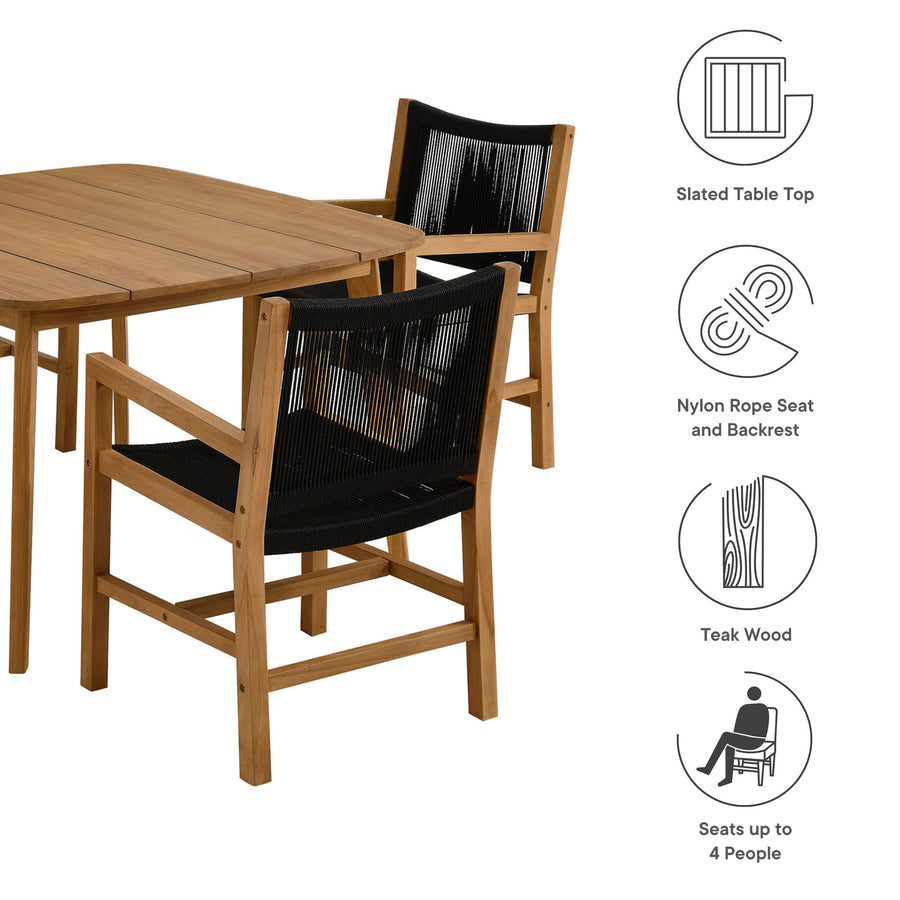Nova 5-Piece Outdoor Patio Teak and Rope Dining Set with Armchairs in Natural Black