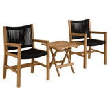 Nova 3-Piece Outdoor Patio Teak and Rope Armchairs with Folding Side Table in Natural Black