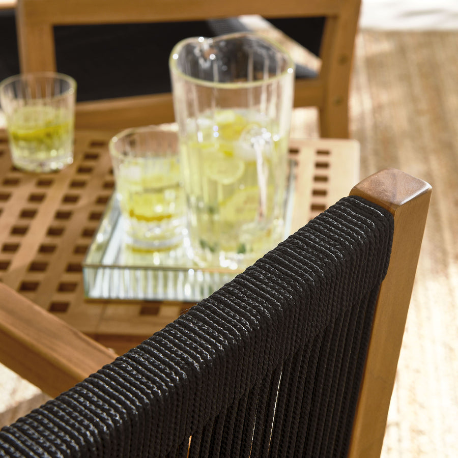 Nova 3-Piece Outdoor Patio Teak and Rope Armchairs with Folding Side Table in Natural Black
