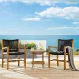 Nova 3-Piece Outdoor Patio Teak and Rope Armchairs with Folding Side Table in Natural Black