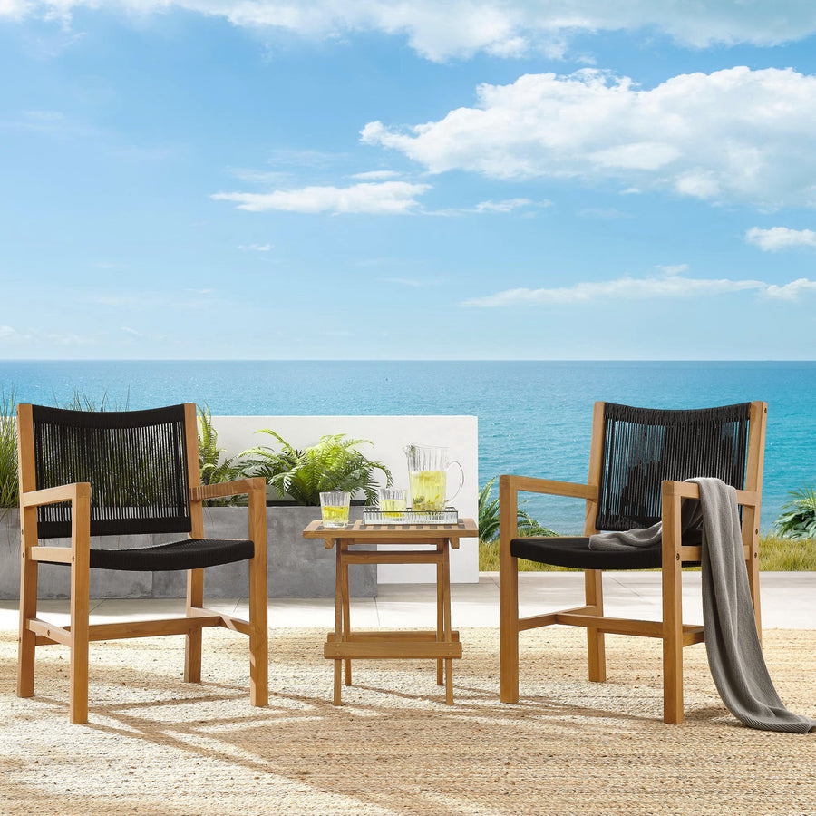Nova 3-Piece Outdoor Patio Teak and Rope Armchairs with Folding Side Table in Natural Black