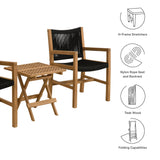 Nova 3-Piece Outdoor Patio Teak and Rope Armchairs with Folding Side Table in Natural Black