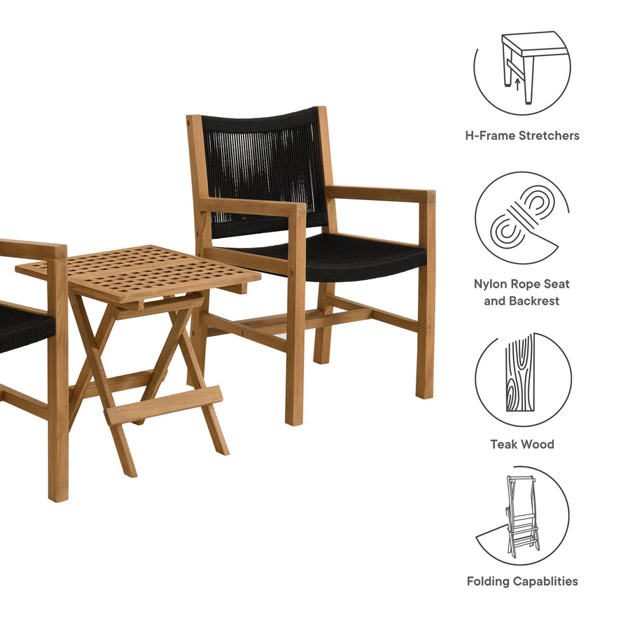 Nova 3-Piece Outdoor Patio Teak and Rope Armchairs with Folding Side Table in Natural Black