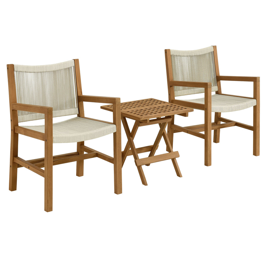 Nova 3-Piece Outdoor Patio Teak and Rope Armchairs with Folding Side Table in Natural Natural