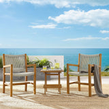 Nova 3-Piece Outdoor Patio Teak and Rope Armchairs with Folding Side Table in Natural Natural