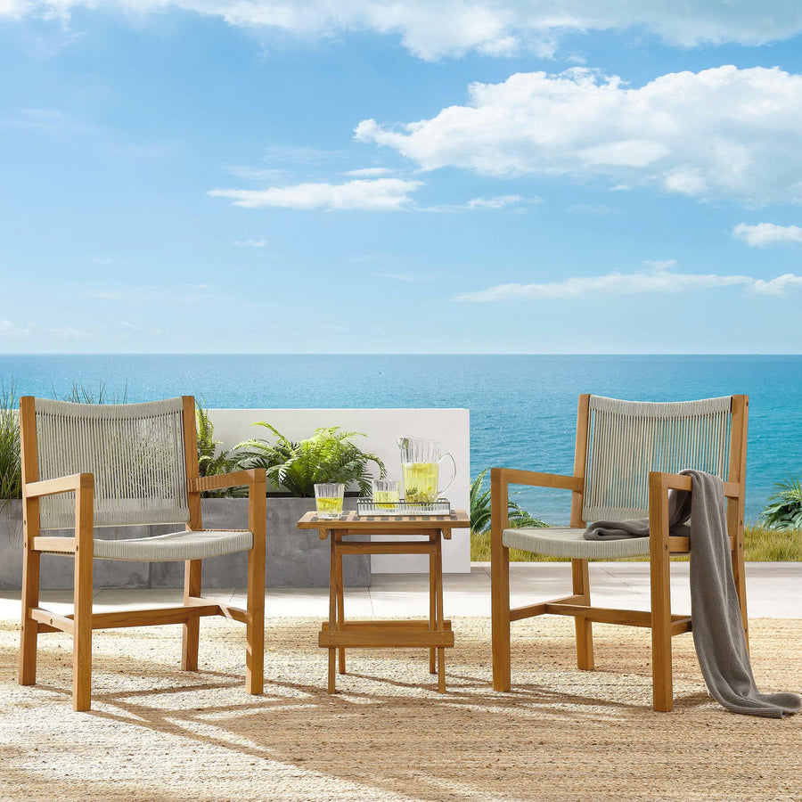 Nova 3-Piece Outdoor Patio Teak and Rope Armchairs with Folding Side Table in Natural Natural