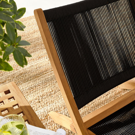 Vienna 3-Piece Outdoor Patio Teak and Rope Folding Lounge Chairs and Side Table in Natural Black