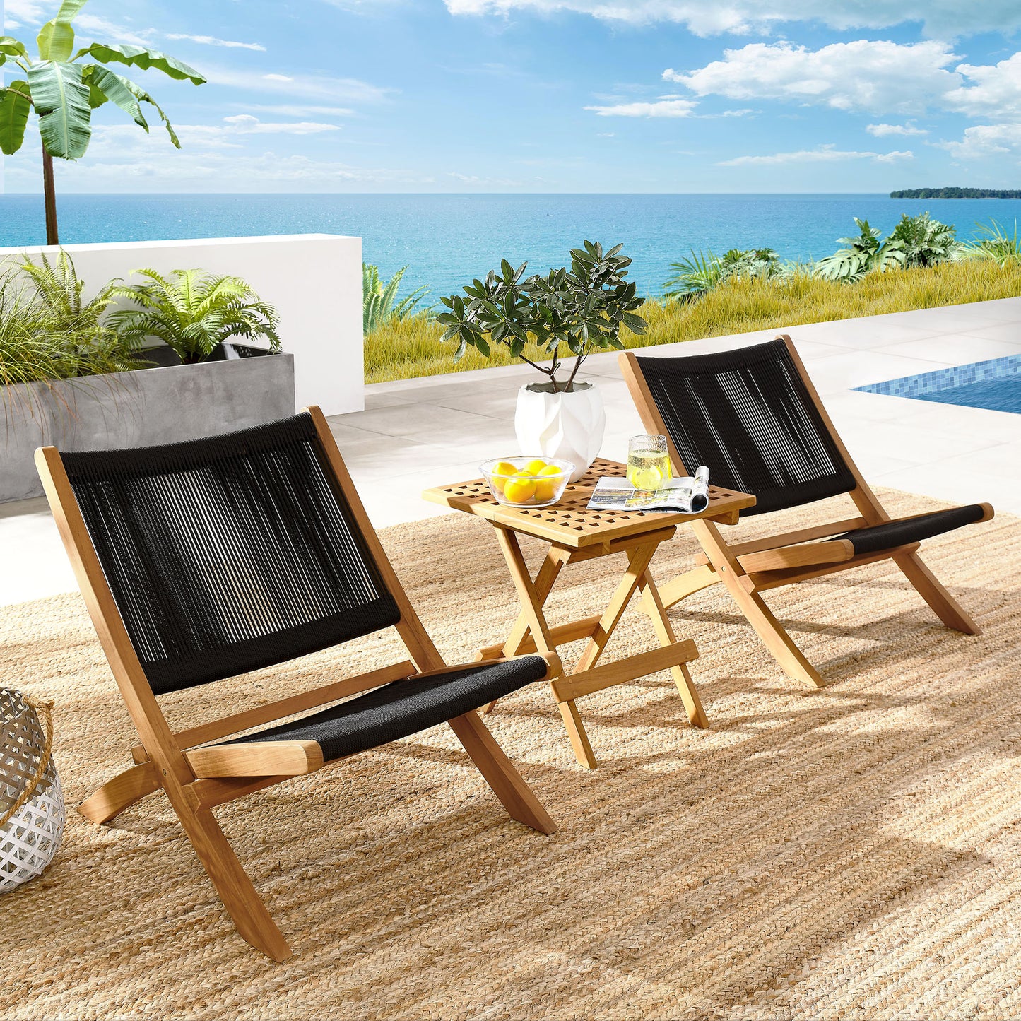 Vienna 3-Piece Outdoor Patio Teak and Rope Folding Lounge Chairs and Side Table by Furniture for America