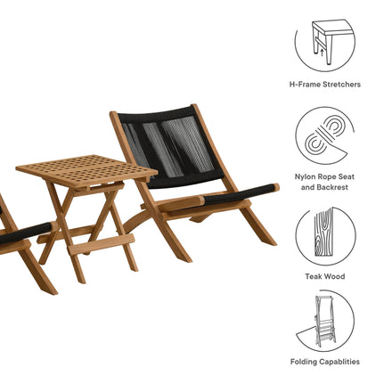 Vienna 3-Piece Outdoor Patio Teak and Rope Folding Lounge Chairs and Side Table in Natural Black