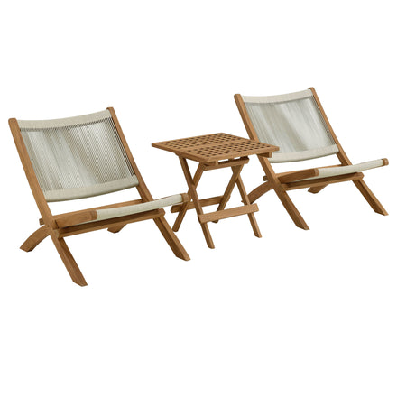 Vienna 3-Piece Outdoor Patio Teak and Rope Folding Lounge Chairs and Side Table in Natural Natural