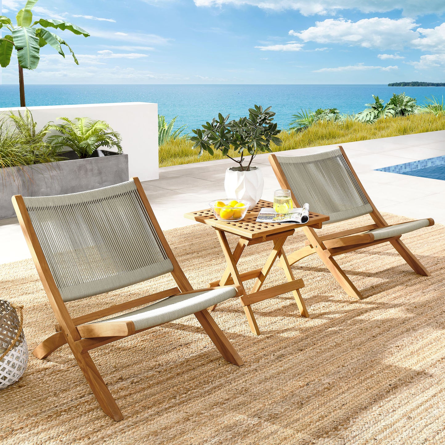 Vienna 3-Piece Outdoor Patio Teak and Rope Folding Lounge Chairs and Side Table by Furniture for America
