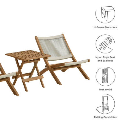 Vienna 3-Piece Outdoor Patio Teak and Rope Folding Lounge Chairs and Side Table in Natural Natural