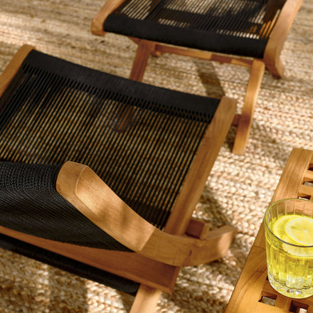 Vienna 2-Piece Outdoor Patio Teak and Rope Folding Accent Lounge Chair and Ottoman Set in Natural Black