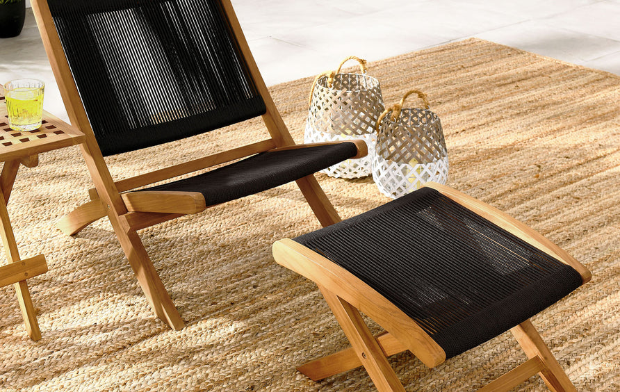 Nova 2-Piece Outdoor Patio Teak and Rope Folding Accent Lounge Chair and Ottoman Set in Natural Black